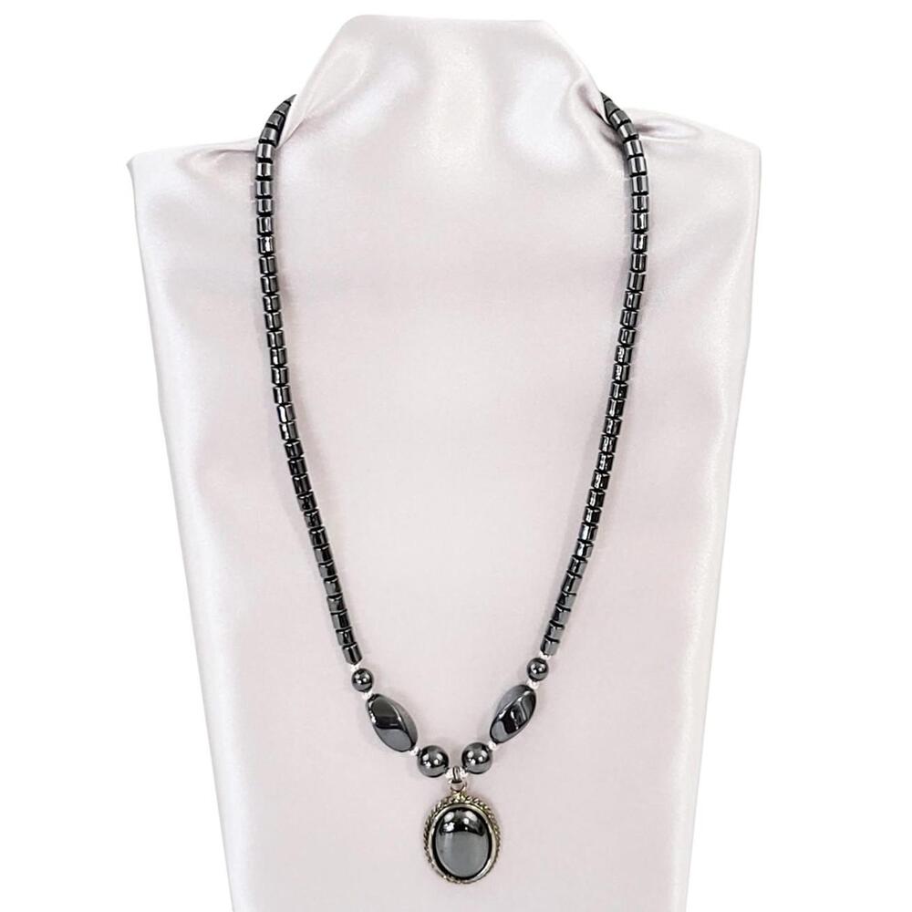 Hematite Barrel Bead Choker Vintage Grey Necklace 18 Inch Fish Hook Clasp